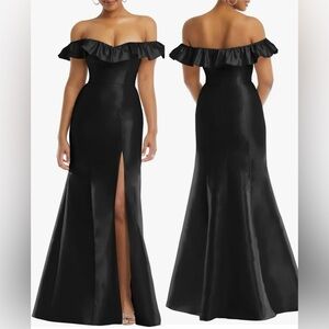 NEW Alfred Sung Off the Shoulder Ruffle Satin Black Trumpet Gown Sz 6